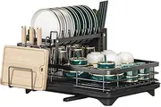 Dish Rack, 2-Tier Dish Drying Rack for Kitchen Counter, with 360°Rotating Drainer Board, Utensil Holder and Knife Slots, for Kitchen Storage & Organisation (Black)
