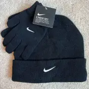 Nike Boys 2 Piece Black Hat & Glove Set One Size Beanie NEW!