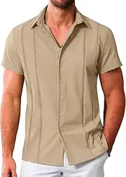 [LETSEE] Men's Cuban Guayabera Shirt Short Sleeve Casual Button Down Shirts Summer Beach Linen Shirts