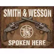 Smith & Wesson Spoken Here Metal Tin Sign Retro Pub Bar 40.5 x 31.5 Genuine USA