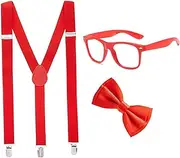 [Pinsway] Unisex Bow Tie and Suspenders Set, Glasses Frame Without Lenses, Blip Costume Party Accessories for Men Women Kids