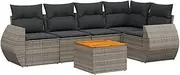 vidaXL Modular Grey Poly Rattan Garden Sofa Set with Cushions/Acacia Table - 6 Piece Outdoor Lounge/Corner Patio Furniture - Relax in Comfort on Modern Weather-Resistant Terrace Seating