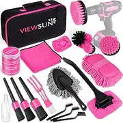Viewsun 20PCS Car Interior Detailing Kit With Drill Brush Set, Windshield Cleaning Tool, Detailing Brushes, Wire Brushes, Cleaning Gel - Complete Pink Supplies for Women