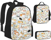 [ERCgad] Corgi Pattern Print Canvas 3-In-1 School Bags Set Backpack Lunch Bag Pencil Case Combo For Men Women, Black, One Size