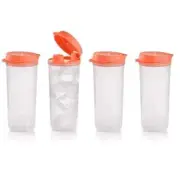 New Tupperware THIRST 'N GO FLIP TUMBLERS Sheer with Peach Seals Tops Set Of 4