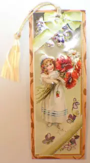 Victorian Paper Bookmark Little Girl W/ Bouquette String Tassel Gift Tag #Bk-06