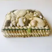 VINTAGE SQUARE SHELL DECORATED FOLK ART VANITY CASE JEWELLERY BOX UNUSED
