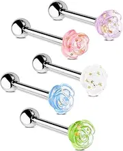 [Jewseen] 5Pcs Tongue Rings 14g Rose Tongue Piercing Jewelry Surgical Steel Tongue Barbell Acrylic Flower Tongue Bar for Women Men