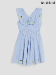 River Island Blue Girls Stripe Embroidery Lemon 100% Cotton Dress (W25997) | $60