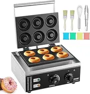 VEVOR Electric Donut Maker, 1550W Commercial Doughnut Machine with Non-Stick Surface, 6 Holes Double-Sided Heating Waffle Machine Makes 6 Doughnuts, Temperature 50-300℃, for Restaurant and Home Use