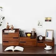 Wooden Desktop Storage Box with Drawers Office Desk Organizer with Small Cabinet for Bedroom and Office Supplies