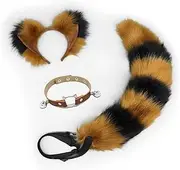 Cat Ears and Wolf Fox Animal Tail Cosplay Costume Faux Fur Hair Clip Headdress Halloween Leather Neck Chocker Set (Camel&Black)