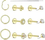 [FIBO STEEL] 14K Gold Filled Nose Rings for Women Men - Hypoallergenic 20G 18G Threadless Nostril Ring Hoops Studs Surgical Steel Push in Flat Back Earrings CZ Helix Cartilage Tragus Lip Medusa Piercing Jewelry
