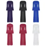Women Jumpsuit Competition Unitard Gymnastic Romper Flared Sleeve Crew Neck