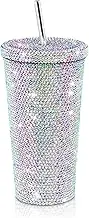 cuteolivia Studded Tumbler with Lid and Straw Crystal Water Bottle Stainless Steel Double Wall Water Cup with Straw Cleaning Brush Tumblr for Women Girls Gift (16.9 oz 500 ml, AB Color)