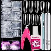 Teenitor Clear Fake Coffin Nail Tips , Long Acrylic Full Cover Nail Tip Press On Nails, 600pcs Ballerina False Nails Nail Glue, Files And Buffer Polisher Nail Brush and Clipper Set for Beginners