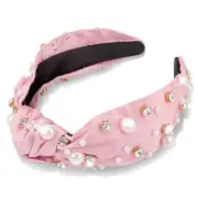 Knotted Headbands for Women Pearl Rhinestone Top Knot Hairbands Bohemian Pink