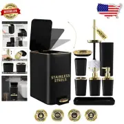 Complete 8-Piece Black & Gold Bathroom Set - Trash Can, Brush & Dispenser