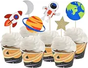 30 PCS Outer Space Cupcake Toppers Planet Party Supplies Birthday Decorations Rocket Astronaut Cupcake Decoration Outer Space Spaceship Themed Kids Children Party Supplies