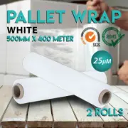 2 Rolls 500mm x 400m 25UM Stretch Film Hand Carton Box Pallet Wrap WHITE