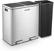 60L Stainless Steel Rubbish Bin with Foot Pedal Dual Compartment Recycle Trash Bin Dustbin for Kitchen Home Office Sliver