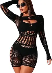 [ZENGSING] Sexy Lingerie for Women, Mesh Bodystockings, Erotic Lingerie Woman, Mesh Lingerie, Catsuit Underwear with Long Sleeves, Hollow Jumpsuit, Sleepwear Open Crotch, Black, One size
