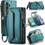 [FONREST] Samsung Galaxy A15 4G/5G Leather Wallet Case Magnetic Flip Wallet Case with Kickstand 10 RFID Blocking Card Slots Zipper Pocket Lanyard Wrist Strap