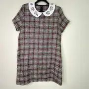 New Zara Jeweled Peter Pan Collar Plaid Tweed Dress Women's Size Medium