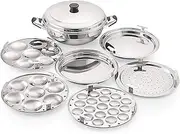 komal Multi Kadai with Induction Bottom 6 Pcs Set,1-Steamer Plate,1 Mini Idli Plate (19 Cavities),2 Idli Plates,2 Dhokla Plates,Silver