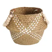 Straw/Wood 28cm Woven Belly Basket w/ Beads Handle Storage Decor White/Natural