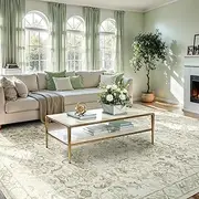 YOUZI Large Vintage Rugs for Living Room, Soft Low Pile Floral Area Rug Washable Non-Slip Boho Oriental Floor Rugs for Bedroom Kitchen Office Dining Room (SageGreen, 200x300cm)