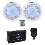 Pyle Marine Bluetooth Controller w/Mic, 2x 4" 100W Blue LED Speaker (White),Wire