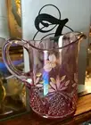 FENTON SMALL PINK CARNIVAL PATTERN GLASS PITCHER WITH BEES AND FLOWERS GORGEOUS