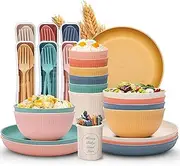 49 Pieces Wheat Straw Dinnerware Sets for 6 People, Reusable Unbreakable Dinnerware Set, Plastic Dinnerware Sets, Picnic Camping Dinner Sets, Lightweight Plates Cups and Bowls Set for Dorm Kitchen