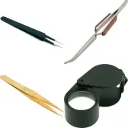3 Tweezers & 1 10X Loupe Jewelers Watchmakers Hobby Tool Set