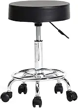 LIBOOI Round Rolling Stool PU Leather Height Adjustable Swivel Drafting Work SPA Salon Stools Chair with Wheels, Multi-Purpose Drafting Spa Bar Stool with Wheels - Black