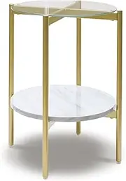 [Signature Design by Ashley] Wynora Round End Table w/Fixed Shelf, White Faux Marble/Gold
