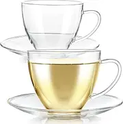 [Teabloom] Royal Teacup and Saucer Set 2-Pack – Large Size – 12 OZ/ 350 ML Capacity – Crystal Clear Classic Design – Glass Mug Set – Premium, Healthful Borosilicate Glass – Durable and Heat Resistant