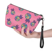 Colorful Striped Pineapple Pink Portable Large Travel PU Leather Makeup Pouch