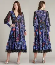 Tadashi Shoji Krishna Bishop Sleeve Oceanic Print Tea-Length Dress sz 10 $518