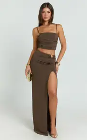 Adalee Two Piece Top and Skirt Set - Square Neck Gold Hardware Detail Top And Low Waist Maxi Skirt in Chocolate