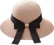 [FEOYA] Women Sun Beach Hats Wide Brim Straw Hat Windproof Strap with Big Bowknot
