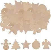 .Christmas Ornament Crafts Unfinished Paintable Blank Crafts Centerpieces Xmas Tree Hanging Wood Slices for Kids DIY Art Crafts, 5 Designs-Christmas Tree Snowman Star Angel Round