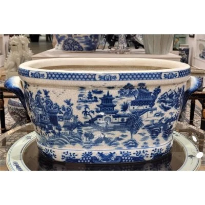 PORCELAIN BASIN/PLANTER - BLUE WILLOW-19'' X 8.5''H
