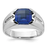 14k White Gold Men's Created Sapphire and 1/20 carat Diamond Complete Ring