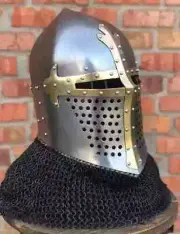 Medieval Armor Larp SCA Knight Barbute Helmet 18 Gauge Steel ChainMail