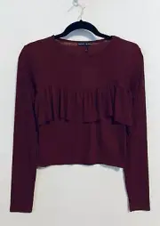 Zara Top Womens Medium Maroon Ruffle Cropped Mesh Romantic Feminine Fairy Y2K