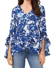 Vince Camuto Womens V-Neck Floral Print Flutter Sleeve Blouse Shirt, Blue, XS