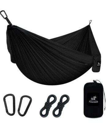 Towsont Camping SINGLE Hammock Portable BLACK HAMMOCK 13' Rope 2 Carabiners NIB