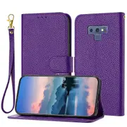 Galaxy Note9 Case Litchi Grain PU Leather Folio Cover Magnetic Closure Flip Wallet Card Slots Stand Case With Hand Strap, Brown - Red